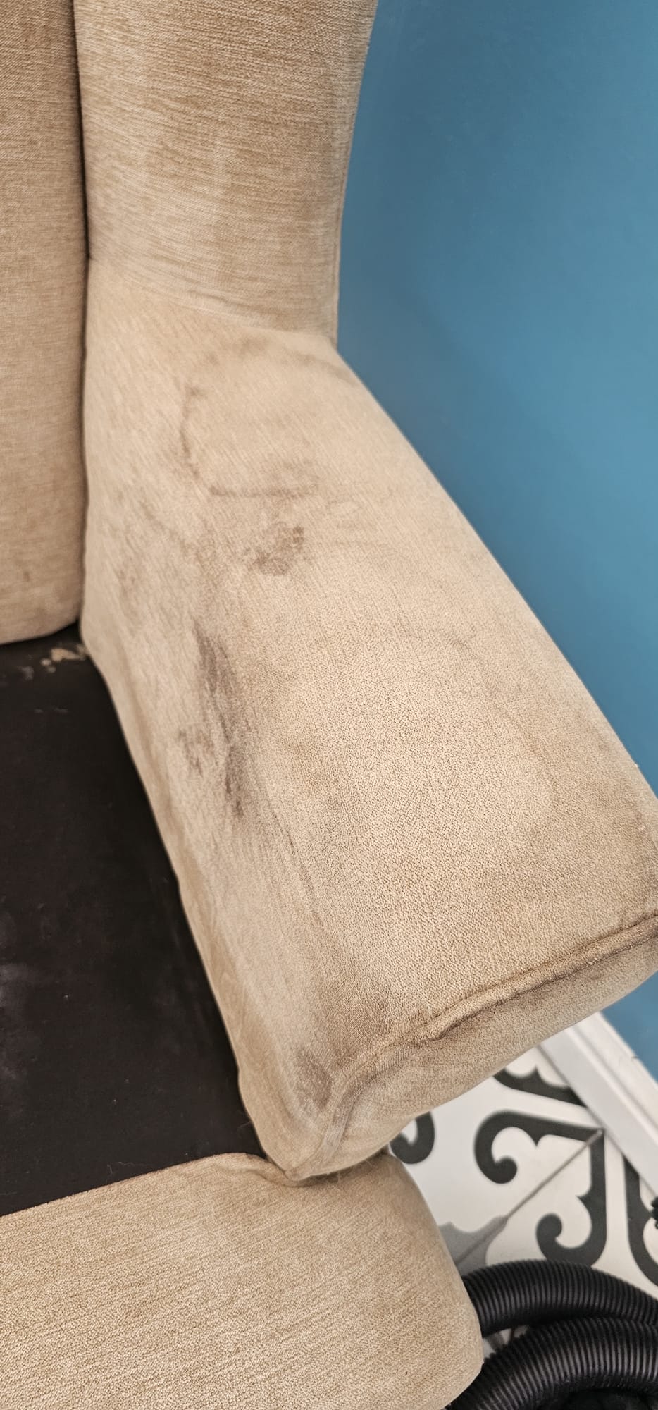 Soiled lounge carpet before professional carpet cleaning in the Wirral